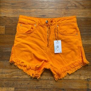 Vibrant Orange Frayed Hem Women Shorts